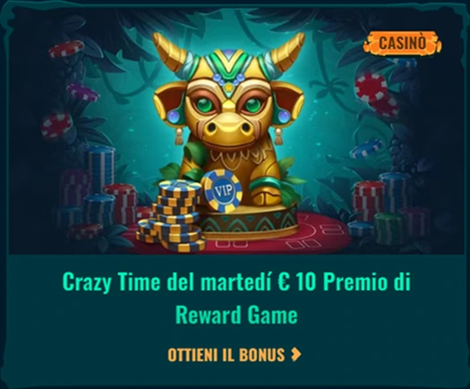 Banner promozionale per la slot 'Crazy Time' con premi di reward bonus disponibili il martedì