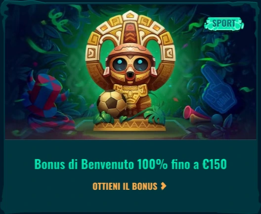 Banner promozionale che offre un bonus di benvenuto del 100% fino a 150€.