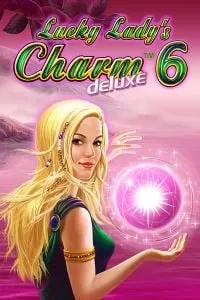 Copertina della slot 'Lucky Lady’s Charm 6 Deluxe' con una bionda che tiene una sfera luminosa