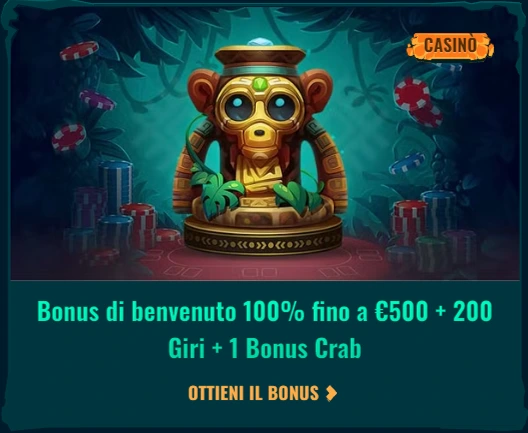 Banner promozionale che offre un bonus di benvenuto del 100% fino a 500€ più 1 Bonus Crab