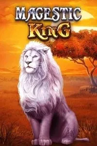 Copertina della slot ' magestic King' con un maestoso leone bianco su sfondo dorato