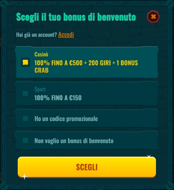 Schermata per la scelta del bonus di benvenuto nel casinò online